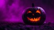 AI generated illustration of a Halloween pumpkin with purple sky backdrop