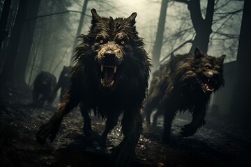 Sticker - AI-generated illustration of fierce wolves pictured in a dark forest