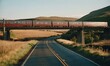 AI generated illustration of a train crossing bridge over rural road on farm land