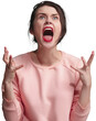 © master1305 - Expressing negative emotions. Screaming, hate, rage. Emotional angry woman shouting isolated on transparent background. Concept of human emotions, facial expression.