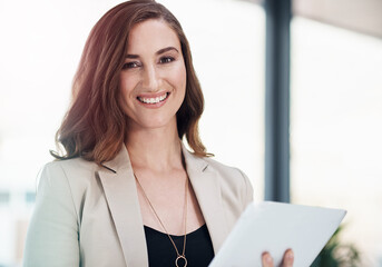 Poster - Portrait, businesswoman and office with tablet for meeting by planning, research and ideas with digital technology. Happy, female person and working on computer for finance report on company