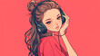 Anime girl listening music with headphones. Cartoon drawing manga lofi hip hop music background . generative ai