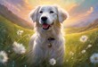 AI generated illustration of a golden retriever sitting in field