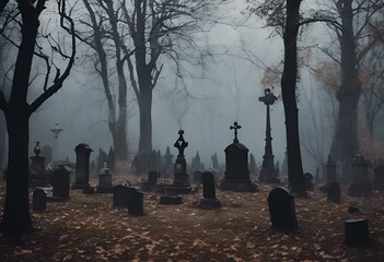 Wall Mural - AI generated illustration of sunset casts an eerie glow on tombstones in a spooky graveyard