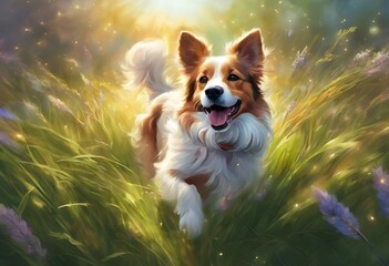 Canvas Print - AI generated illustration of a lively canine frolics amidst a vibrant floral meadow