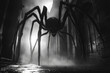Monolithic spider creature enshrouded in mist, AI-generated.