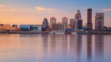 Fototapeta Miasto - Louisville, Kentucky, USA. Cityscape image of Louisville, Kentucky, USA downtown skyline with reflection of the city the Ohio River at spring sunrise.