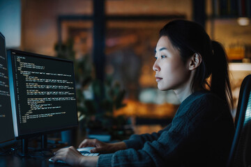 Asian programmer female coding on computer in her dark office room. Generative AI
