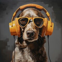 Poster - AI generated illustration of a brown dog wearing headphones and sunglasses