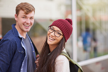 Poster - Portrait, students and university with couple, campus and smile with education and learning with sunshine. Funny, face and man with woman or happiness with college and knowledge with studying or love