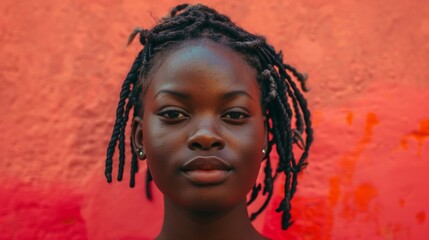 Wall Mural - A beautiful, young African American woman with dreadlocks standing in front of a vibrant red wall