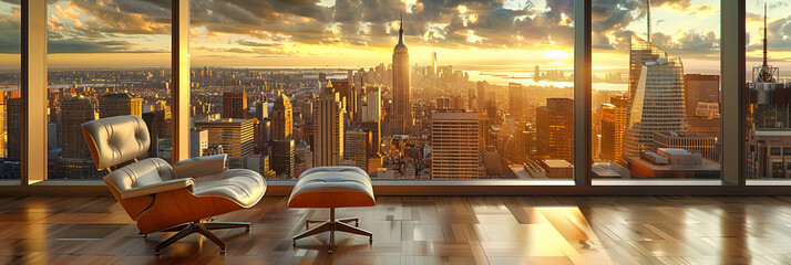 Wall Mural - Iconic New York City Skyline at Sunset, Majestic Urban Landscape with Historic Landmarks and Skyscrapers