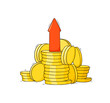 Money with up arrow. Doodle gold coins stacks with arrow sign. Concept of cost graph, stocks price and rate changes, profit money, vector sketch illustration