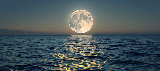Wall Mural - full moon rising over a calm ocean, casting a path of shimmering silver on the water surface.