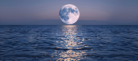 Wall Mural - full moon rising over a calm ocean, casting a path of shimmering silver on the water surface.