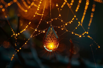 Poster - An image of a dewdrop suspended on a spider's silk, a precarious world held by the thinnest of threa