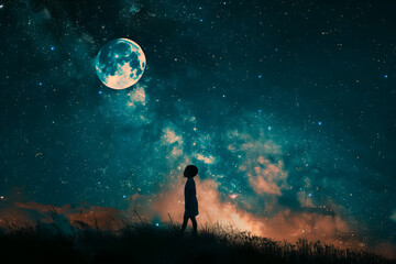 Wall Mural - Silhouette under starry sky with full moon, dream concept, magical night.
