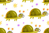 Fototapeta Dziecięca - Seamless pattern with a cheerful cartoon turtle at a children's party. Happy birthday. Background. Hand drawn holiday illustration on isolated background
