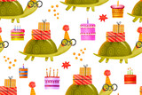 Fototapeta Dziecięca - Seamless pattern with cheerful cartoon turtle with gifts and cake. Happy birthday. Background. Hand drawn holiday illustration on isolated background
