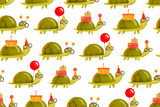 Fototapeta Dziecięca - Seamless pattern with funny cartoon turtles celebrating  birthday. Happy birthday. Background. Hand drawn holiday illustration on isolated background