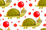 Fototapeta Dziecięca - Seamless pattern with a cheerful cartoon turtle with a red balloon. Happy birthday. Background. Hand drawn holiday illustration on isolated background