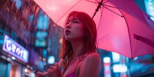 A Woman Is Holding A Pink Umbrella In The Rain. She Is Wearing A Pink Dress And Has Red Hair. The Image Has A Moody And Melancholic Feel To It, As The Woman Is Standing Alone In The Rain