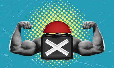 Leinwandbilder - Art collage, red button and strong hands.
