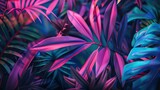 Fototapeta  - neon abstract background resembles a digital jungle, abstract flora with colorful glowing leaves