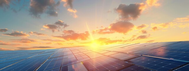 Solar panels with blue sunset sky and sun in the background. Installed solar panels, green energy. Renewable energy concept with solar panels against a vibrant sunset and cloudy sky.