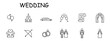 © Кирилл Макаров - Wedding icon set. Document, wine, sex, glasses, church, heart, wife, wedding dress and suit, man, groom, house, limousine, bow, marriage certificate, altar. Marriage concept. Vector line icon.