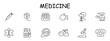 © Кирилл Макаров - Medical equipment set icon. Glass, snake, goblet, telephone, cross, call an ambulance, microscope, magnifying glass, flask, container, dropper, health care. Medical care concept. Vector line icon.
