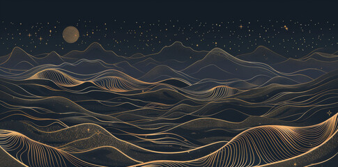 Wall Mural - abstract vector background with golden lines, mountains and stars on a dark sky in a night landscape