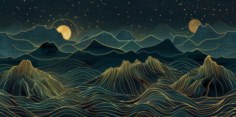 Wall Mural - abstract vector background with golden lines, mountains and stars on a dark sky in a night landscape