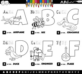 Wall Mural - educational cartoon alphabet letters set from A to F color page