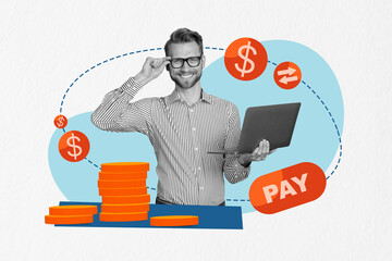 Poster - Creative drawing collage picture of confident businessman hold netbook pay entrepreneur earn money concept billboard comics zine minimal