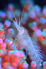 Wall Mural - Shrimp perched on vibrant sea anemone in underwater marine environment