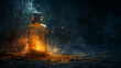 Mystical bottle releasing a cloud of sparkling dust, set in a shadowy, spellbound environment