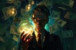  A man in a suit gazes at a glowing light bulb amidst floating dollars, an allegory of financial enlightenment and ideas.