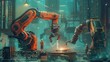 Industrial robotic arms welding with bright sparks, overseen by workers in a high-tech manufacturing setting
