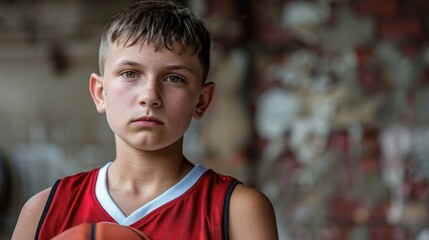 A young boy in a red jersey holds a basketball