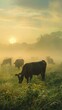 Cattle in a misty meadow at sunrise. Rural life and agricultural. Design natural product packaging