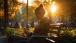 Young woman sitting on a park bench during golden hour