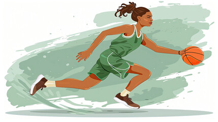 Wall Mural - A woman in a green shirt and shorts is running with a basketball