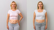 Awesome Before and After Weight Loss Fitness Transformation. Isolated on grey background