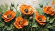 closeup of abstract small rough poppy floral flowers on the field. art painting texture, with oil acrylic brushstroke, pallet knife paint on canvas wallpaper