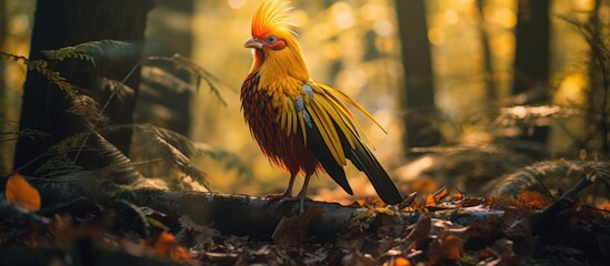 Fototapete - Golden bird perched on log in forest