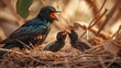 Starling Bird Feeding Chicks in Nest Amidst Golden Sunlight and Dry Grass
