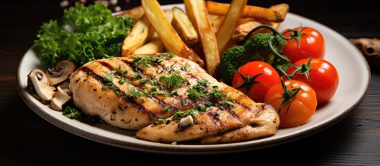 Poster - Plate of Chicken, Fries, Tomatoes, Broccoli Close-Up