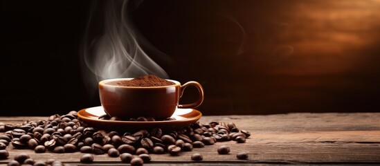 Poster - Steamy coffee cup with scattered beans