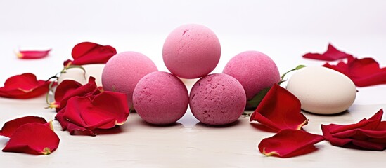Poster - Pink and white eggs with delicate petals on a surface